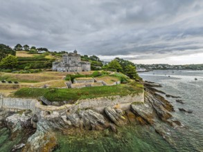St Mawes Castle from a drone, Carrick Roads, River Fal, Falmouth, Cornwall, UK