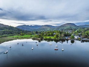 Sunset over Windermere Lake from a drone, Ambleside, Lake District, Cumbria, England, United