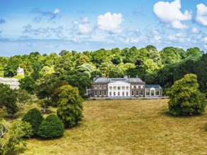 Trelissick House and Garden from drone, Carrick Roads, River Fal, Feock, Truro, Cornwall, UK
