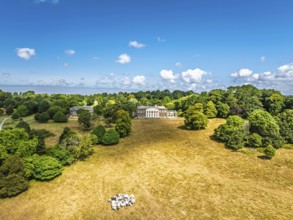 Trelissick House and Garden from drone, Carrick Roads, River Fal, Feock, Truro, Cornwall, UK