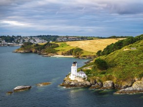 St Anthony Lighthouse from drone, Roseland peninsula, Head circular walk, Cornwall, UK