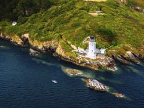 St Anthony Lighthouse from drone, Roseland peninsula, Head circular walk, Cornwall, UK