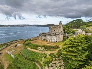 St Mawes Castle from a drone, Carrick Roads, River Fal, Falmouth, Cornwall, UK