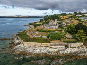 St Mawes Castle from a drone, Carrick Roads, River Fal, Falmouth, Cornwall, UK