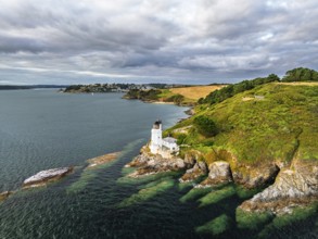St Anthony Lighthouse from drone, Roseland peninsula, Head circular walk, Cornwall, UK