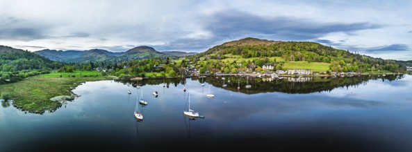 Panorama of Sunset over Windermere Lake from a drone, Ambleside, Lake District, Cumbria, England,