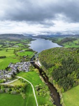 Panorama of Farms and mountains over Ullswater Lake from drone, Pooley Bridge, Lake District