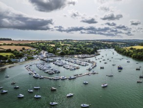 Mylor Churchtown Village from a drone, Carrick Roads, River Fal, Falmouth, Cornwall, UK