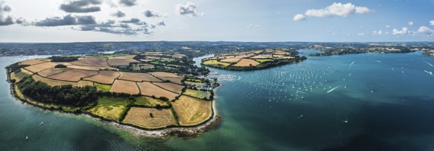 Panorama of Mylor Churchtown Village from a drone, Carrick Roads, River Fal, Falmouth, Cornwall, UK