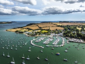 Mylor Churchtown Village from a drone, Carrick Roads, River Fal, Falmouth, Cornwall, UK