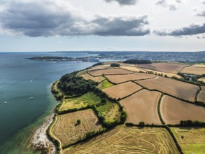 Mylor Churchtown Village from a drone, Carrick Roads, River Fal, Falmouth, Cornwall, UK