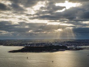 Sunset over Pendennis Castle and Pendennis Point from a drone, Falmouth, Cornwall, UK