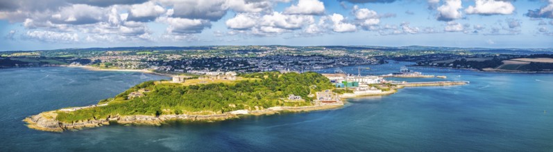 Panorama of Pendennis Castle and Pendennis Point from a drone, Falmouth, Cornwall, UK