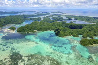 Aerial view of shallow turquoise lagoon of island paradise island state Palau in the Pacific West