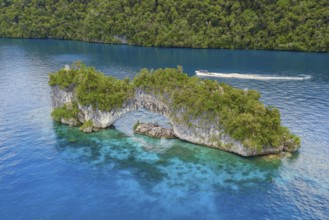 Aerial view bird's eye view of rock arch Natural Arch in lagoon of in island paradise island state