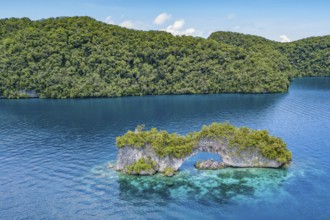 Aerial view bird's eye view of rock arch Natural Arch in lagoon of island paradise island state