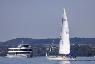 Sailing yacht on Lake Constance, passenger ship LINDAU. Immenstaad, Baden-Württemberg, Germany