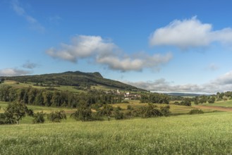 View of the village of Weiterdingen at the foot of the Hegau volcano Hohenstoffeln, Hegau,