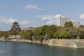 Hiroshima Castle, also known as Carp Castle, against a blue sky with cherry blossoms, sakura, and
