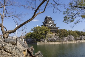 Hiroshima Castle, also known as Carp Castle, against a blue sky, moat, replica of the original