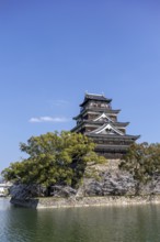 Hiroshima Castle, also known as Carp Castle, against a blue sky with cherry blossoms, sakura, and