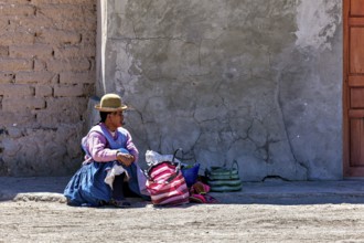 Woman in traditional dress sitting on the floor next to colourful bags in front of a wall,