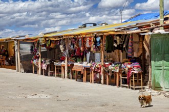 Colourful market stalls along a road under a cloudy sky, lively rural scene, market stall for