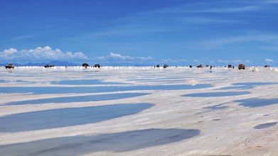Puddles on a salt flat with vehicles on the horizon and clouds in the sky, The endless expanses of