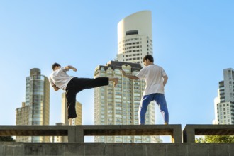 Young athletes showcasing martial arts movements in an urban environment