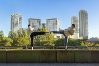 Two young men performing a Taekwondo high kick against a city skyline