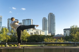 A focused Taekwondo practitioner against a modern city skyline