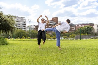 Powerful and graceful Taekwondo motion in a park