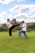 Powerful kicks during an intense Taekwondo practice
