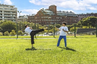 Young athletes honing martial arts skills in nature