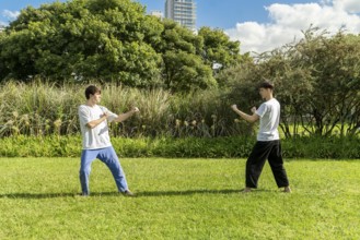 Two young men prepare to start a taekwondo fight outdoors