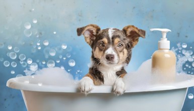 A dog is in a bathtub with bubbles and a bottle of shampoo. The dog appears to be enjoying the