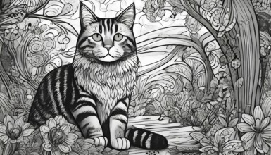 A black and white drawing of a cat sitting in a forest. The cat is looking at the camera with a