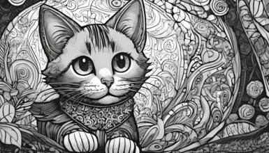 A cat is sitting on a bed with a flowery pattern. The cat is wearing a bandana and has a curious