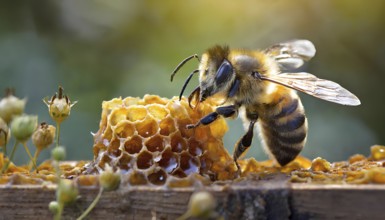 A bee is eating honey from a honeycomb. Concept of natural beauty and harmony, as the bee is