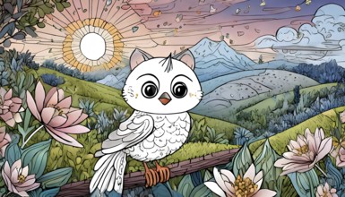 A cartoon owl is perched on a branch in a lush green field. The sky is filled with clouds and the