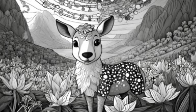 A deer with flowers on its head stands in a field of flowers. The image has a peaceful and serene