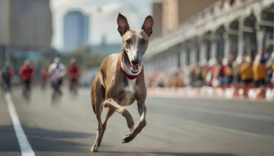 A dog is running on a road with a red collar. There are several people in the background, some of