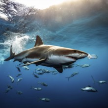 A great white shark swims among a school of fish in the deep blue ocean, showcasing its powerful
