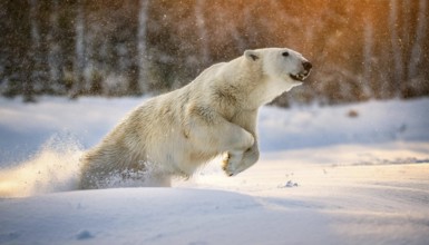 A polar bear dashes through the snow with sunlight illuminating its fur, creating a dynamic winter