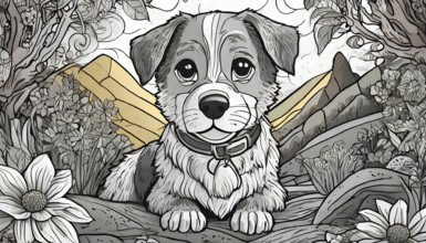 A detailed grayscale illustration featuring an adorable puppy sitting among flowers, with stylized