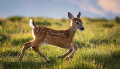A young fawn runs playfully through a sunlit grassy meadow, showcasing its delicate features and