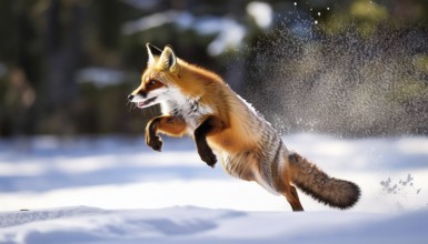 A red fox is captured mid-leap in a snowy forest, its fur glowing in the sunlight while snowflakes