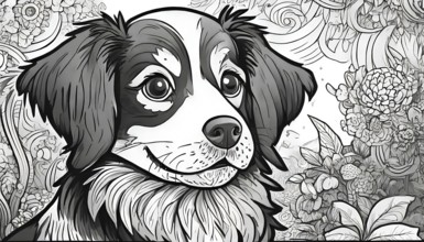 A black and white drawing of a dog with a flowery background. The dog has a happy expression and is