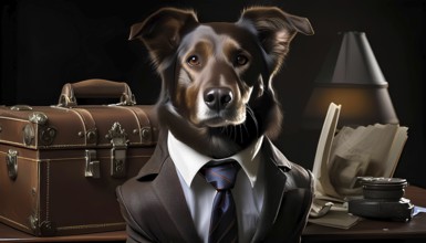 A dog is wearing a suit and tie and sitting in front of a desk with a briefcase and a book, AI
