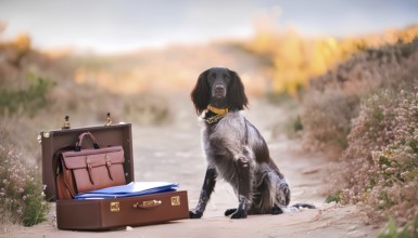 A dog is sitting next to a brown suitcase. The dog is wearing a yellow collar. The scene is set in